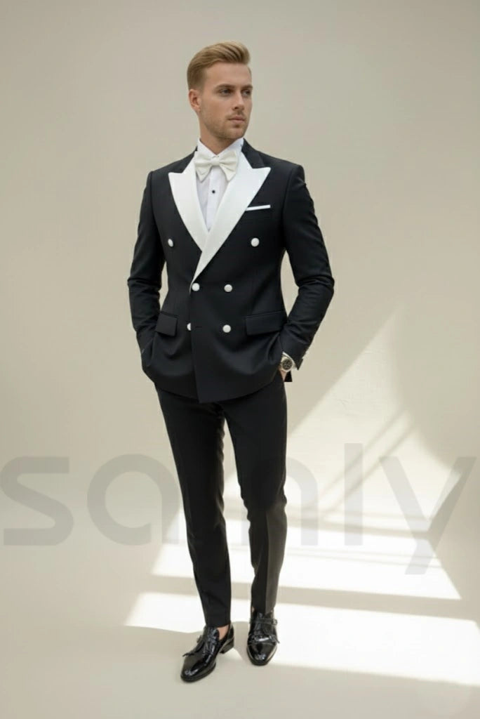 Men black double breasted suit with white lapel