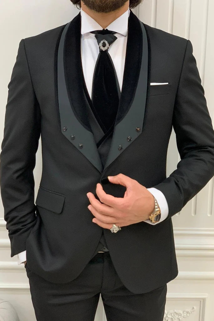 Men black three piece suit wedding wear-front