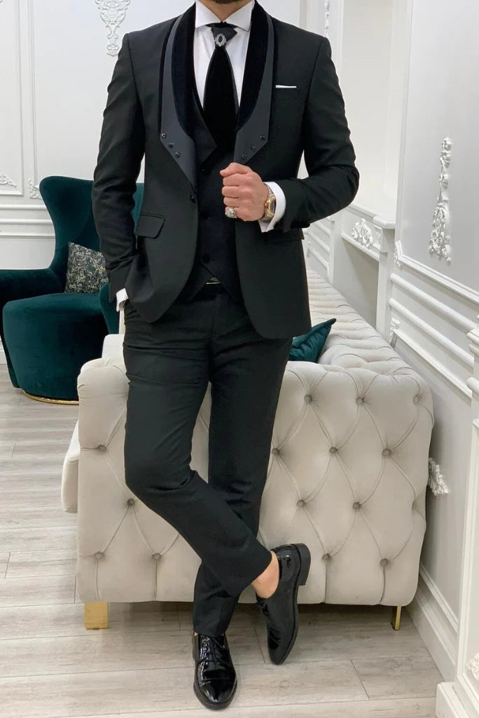 Stylish black three piece suit for men