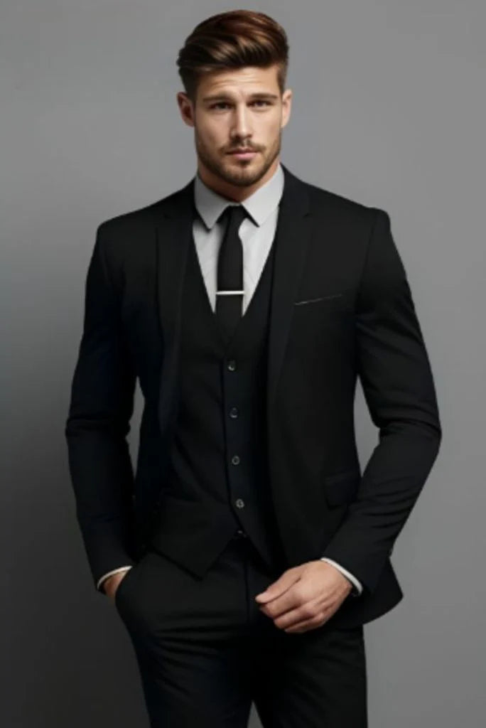Men black three piece suits-front