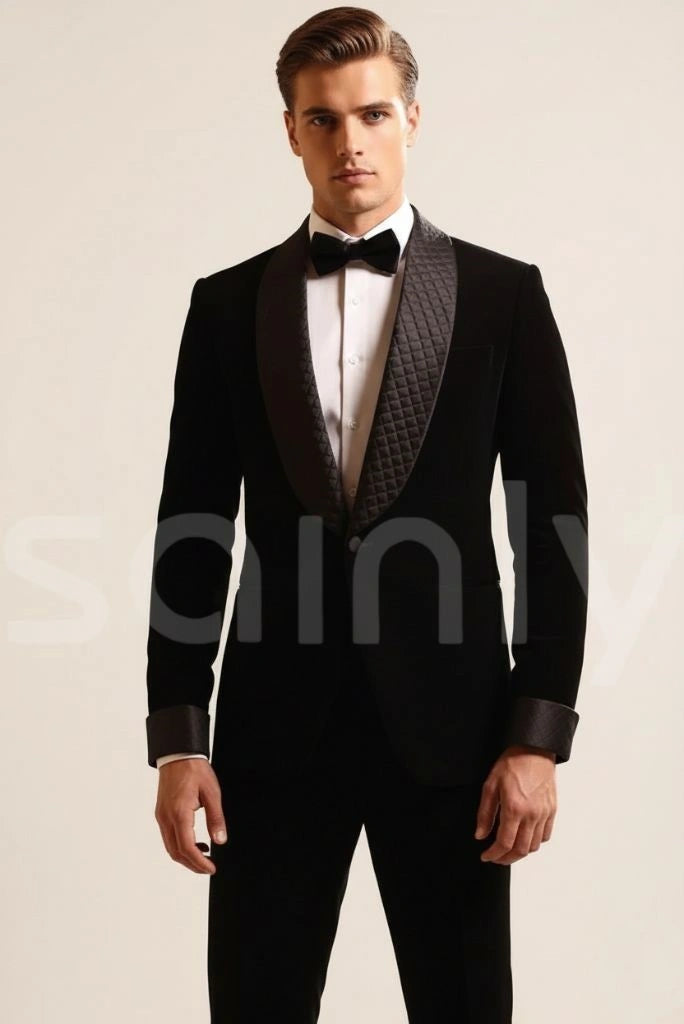 Men black velvet designer suit-front