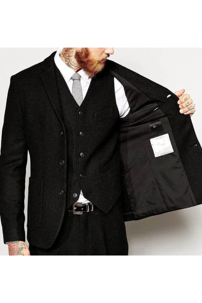 Men black tweed suit-front