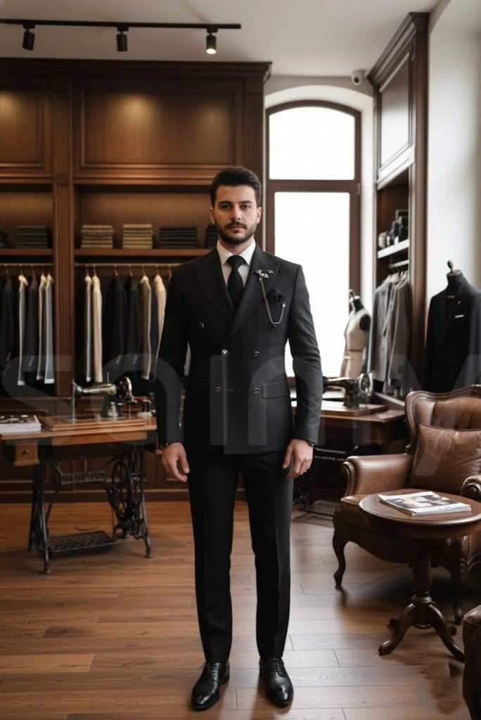 Men black double breasted suit-front