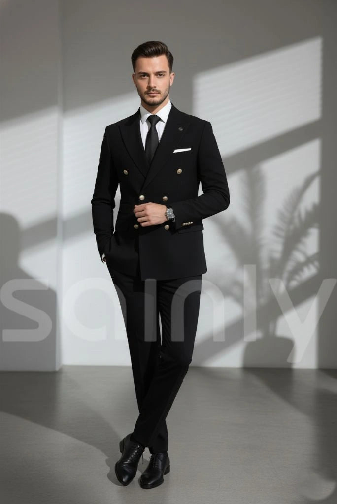 Men black formal double breasted suit for party wear