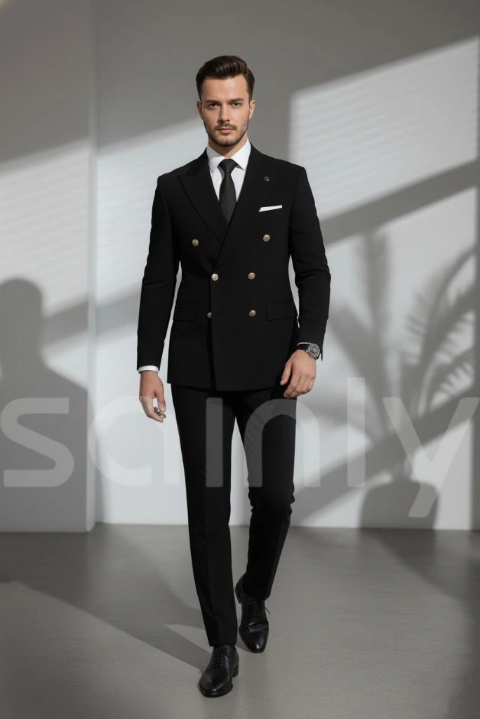 Premium men black double breasted two piece suit outfit-Front