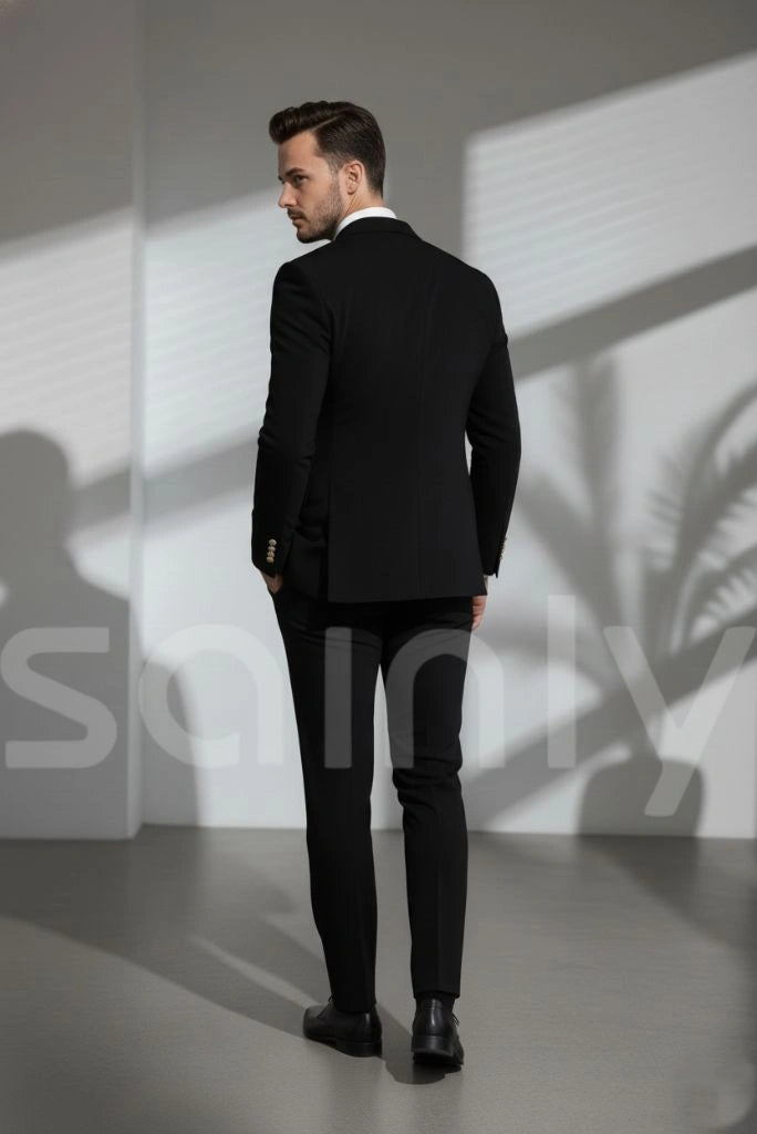 Men black slim fit double breasted 2 piece suit-back