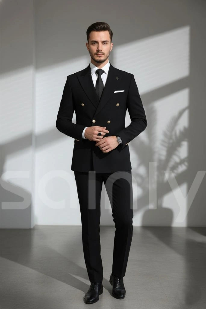 Men tailored black double breasted suit for wedding and events