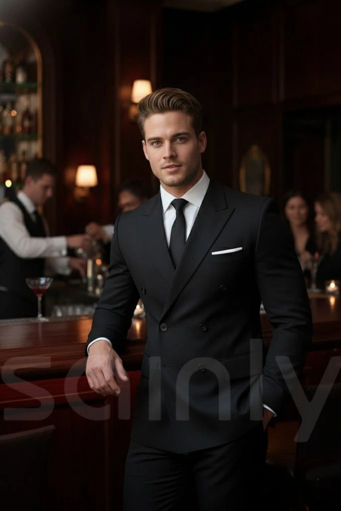 Men black double breasted two piece partywear suit-front