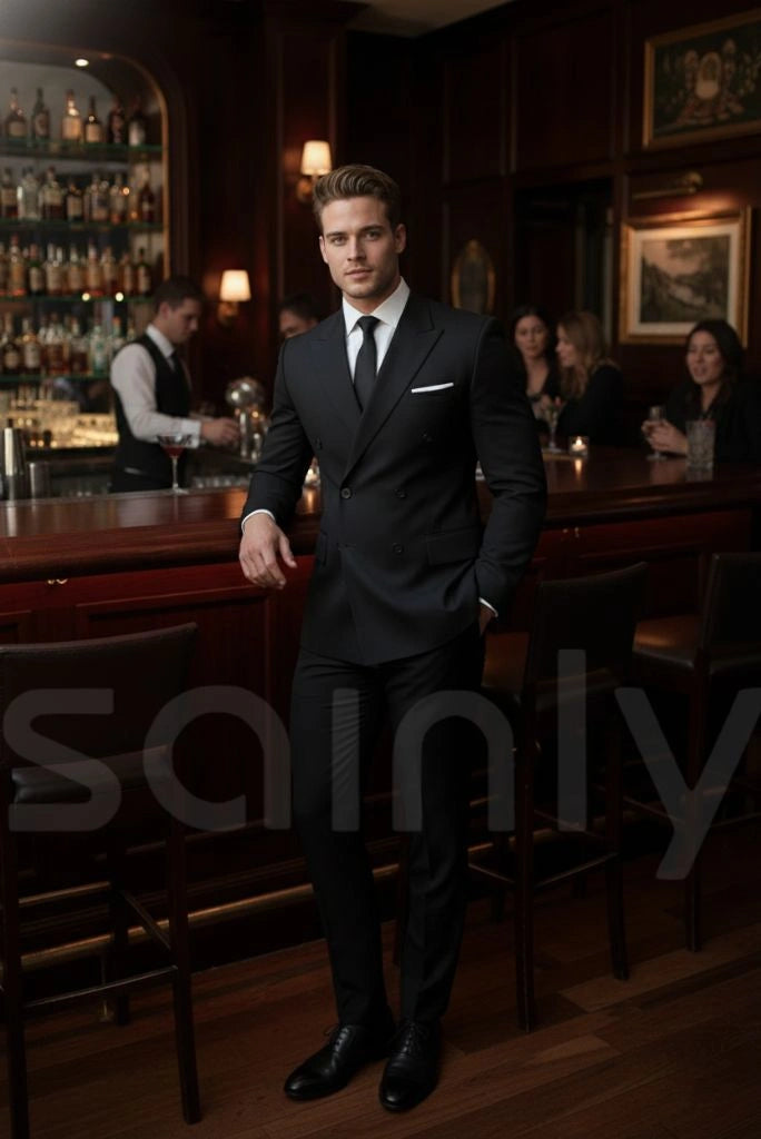 Stylish men black double breasted suit for party events-full front