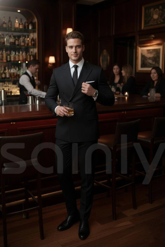 Elegant men black double breasted formal party suit