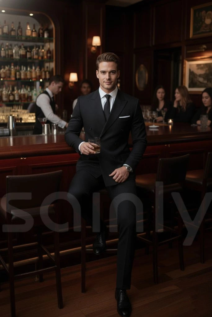 Men black double breasted blazer and trouser party outfit