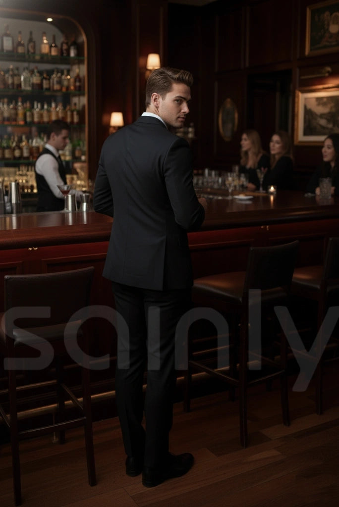 Men premium black double breasted suit for evening parties-back