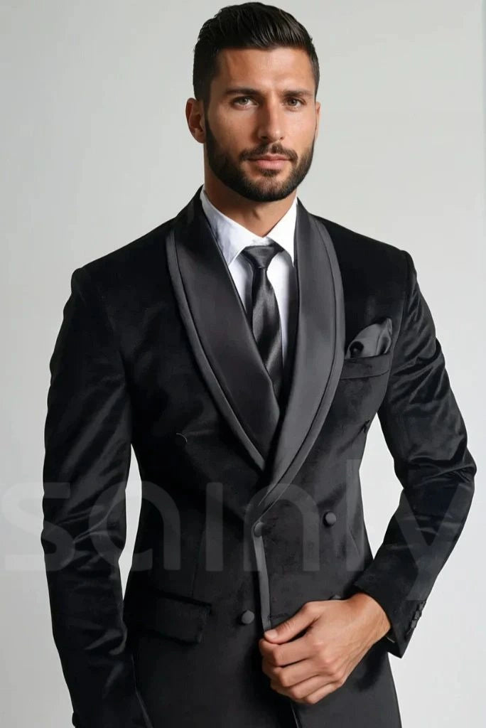 Men black velvet blazer for wedding-front