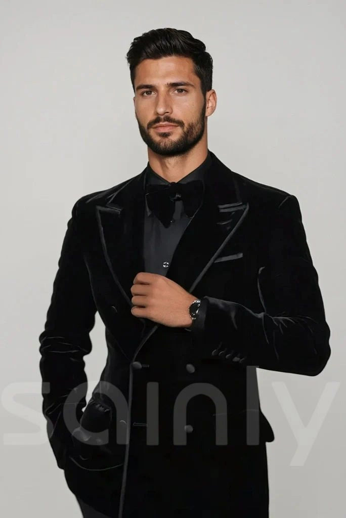 Men black double breasted blazer -side