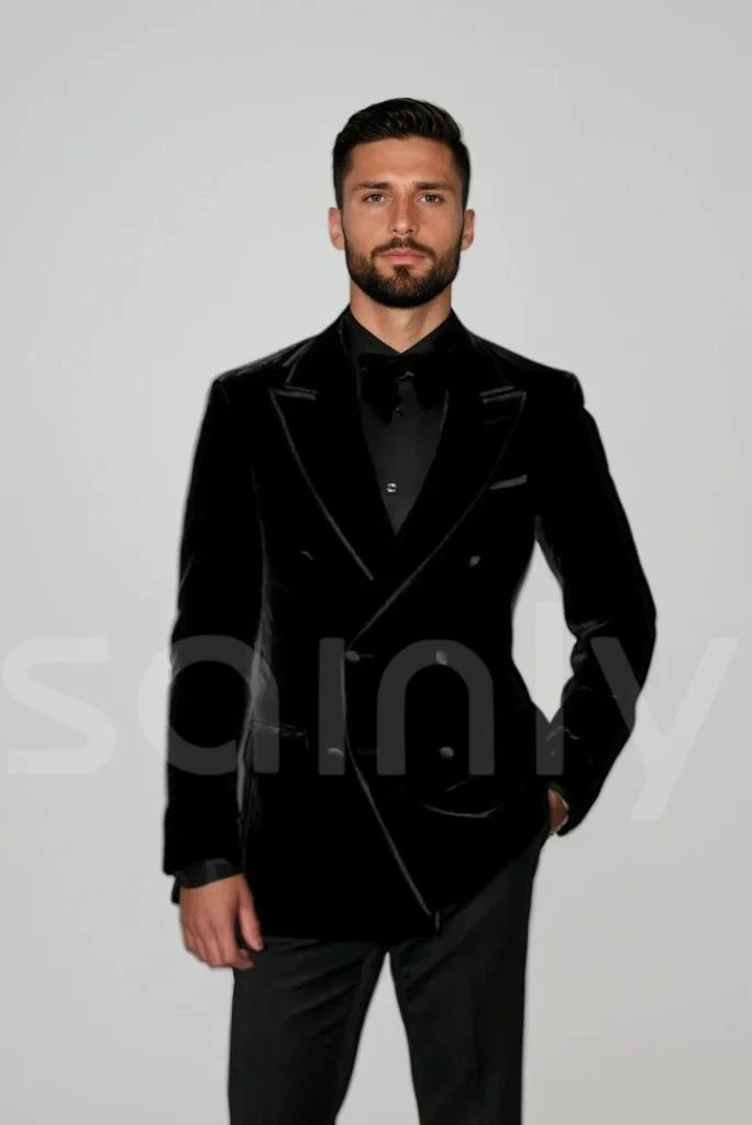 Men black velvet blazer-front