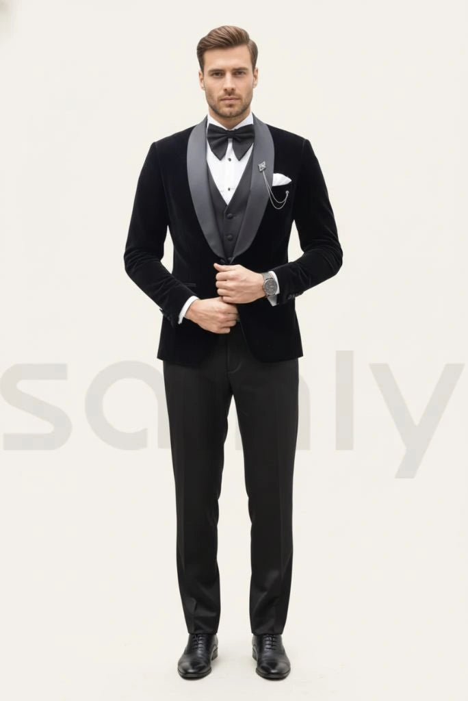 Black velvet suit for men-full front