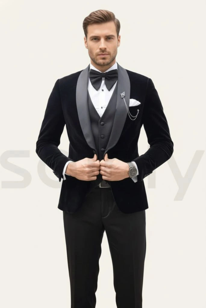 Men black velvet two piece suit-front