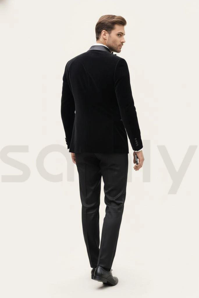 Black tuxedo velvet suit for party and wedding wear-back