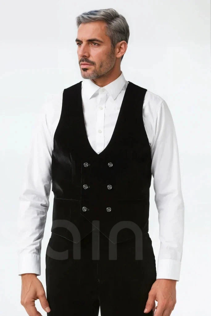 Men black velvet waistcoat and pant suit for wedding-Front