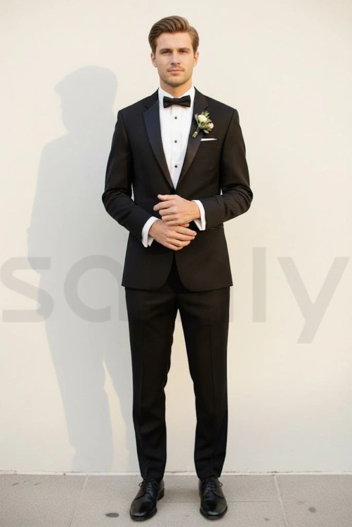 Classic men black tuxedo suit with blazer and trousers-front
