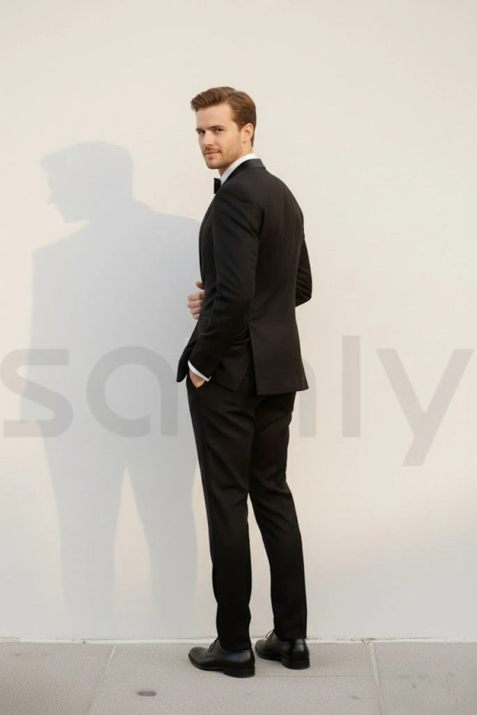 Men black tuxedo suit perfect for party and reception wear-back