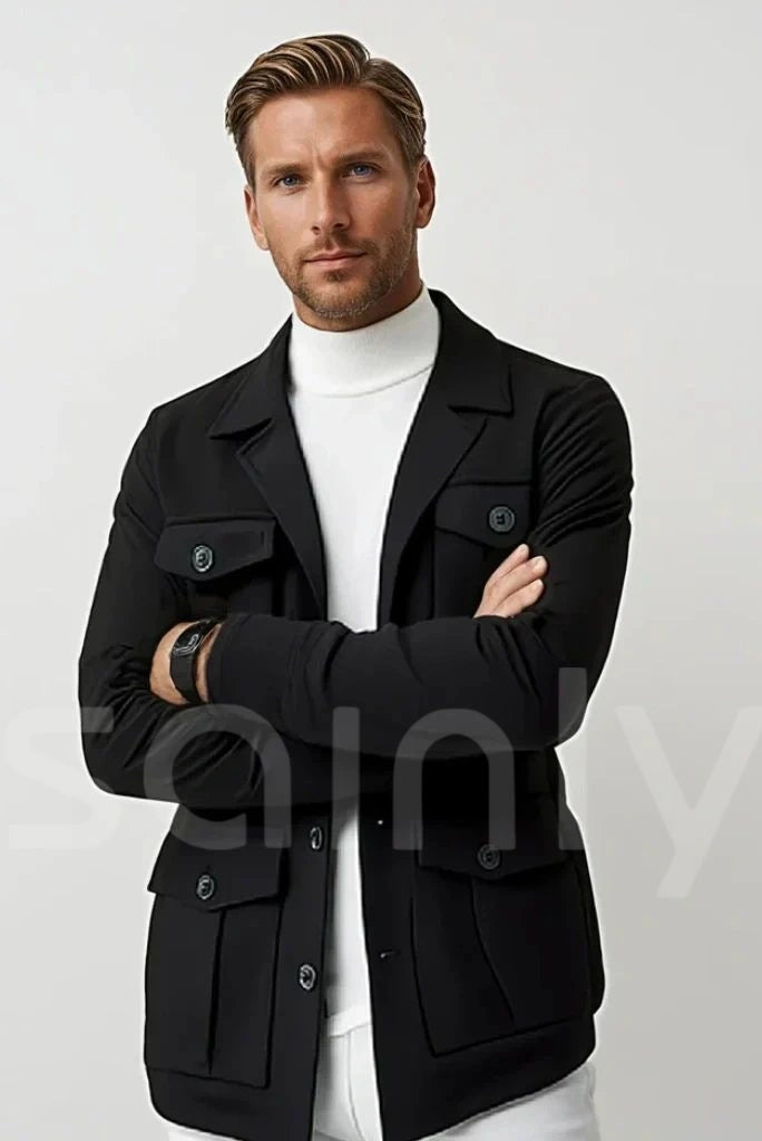 Black woolen shacket for men-side