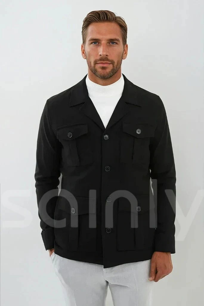 Men black woolen shacket-front