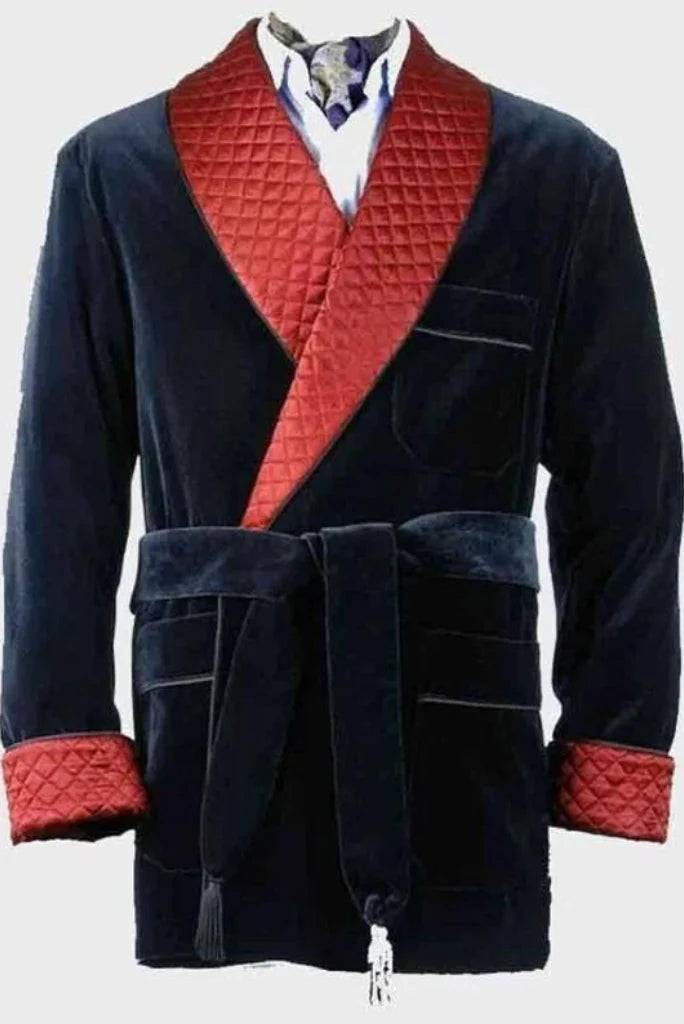 blue velvet smoking jacket for men-Front