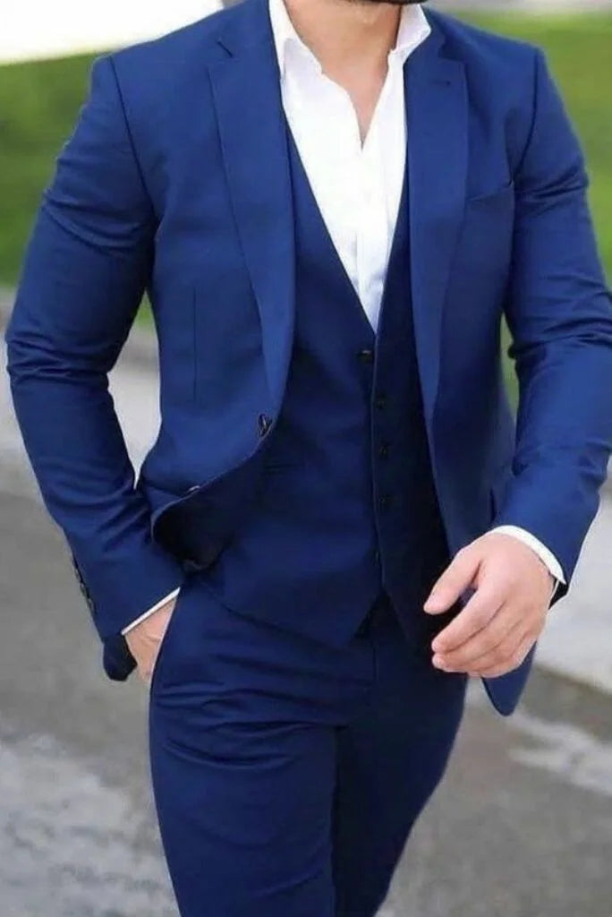 Men blue three piece suit event wear-front