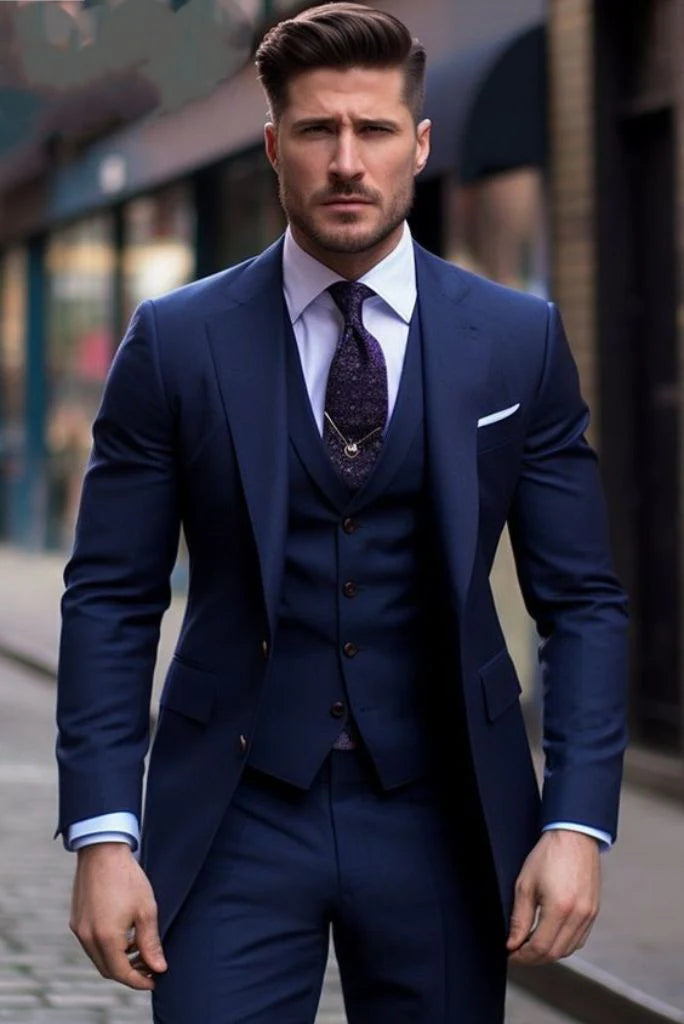 Men blue three piece suit sainly-front