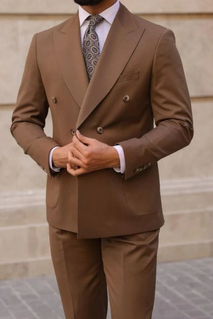 Men brown double breasted two piece suit- front