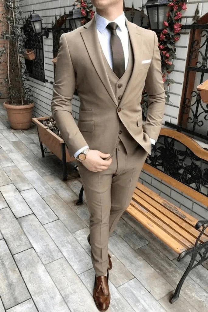 Men brown three piece formal suit-front