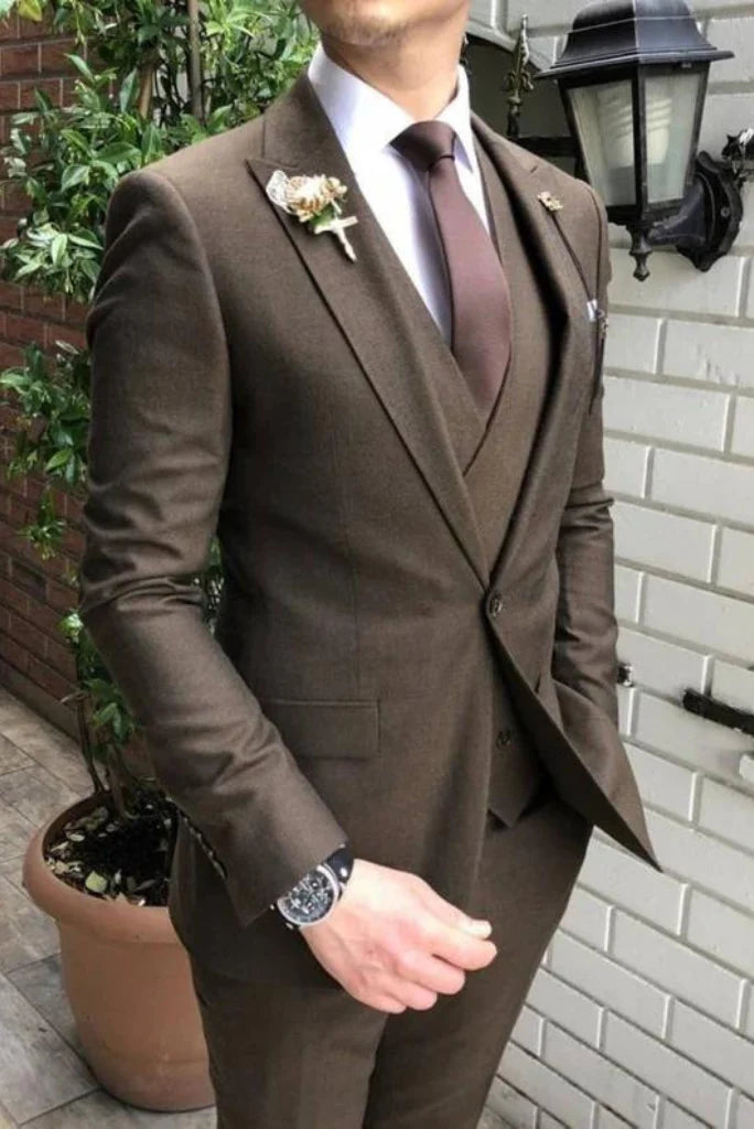 Men brown three piece formal suit-front