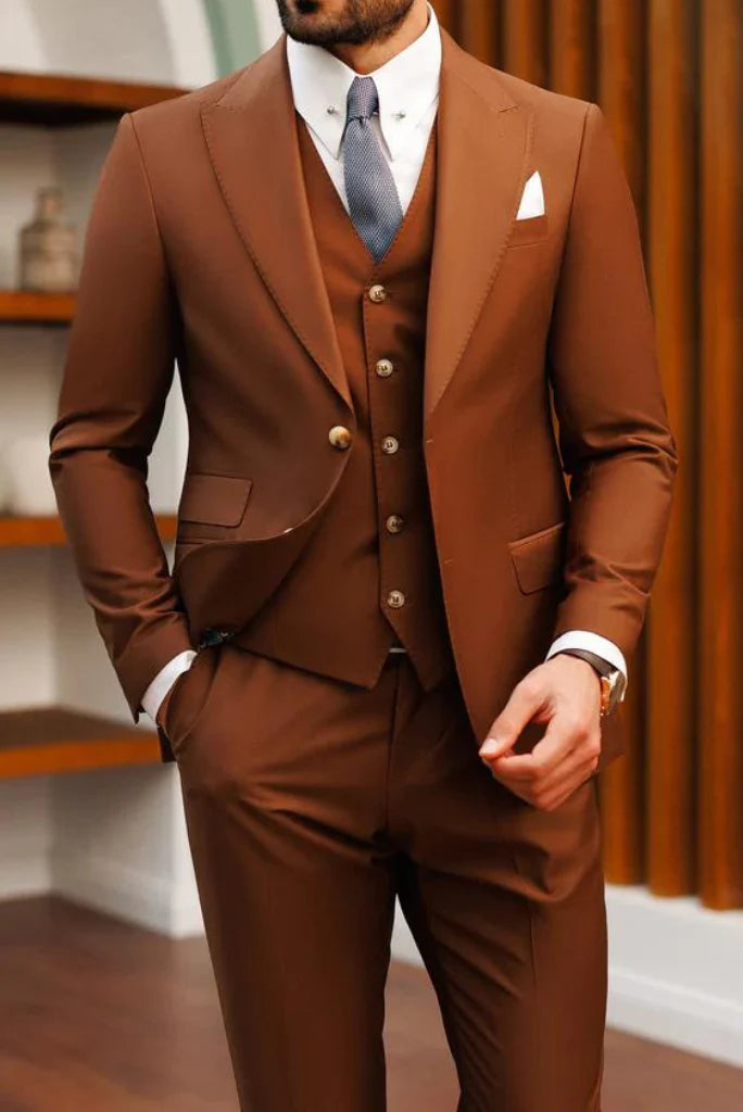 Men brown three piece suit formal-front