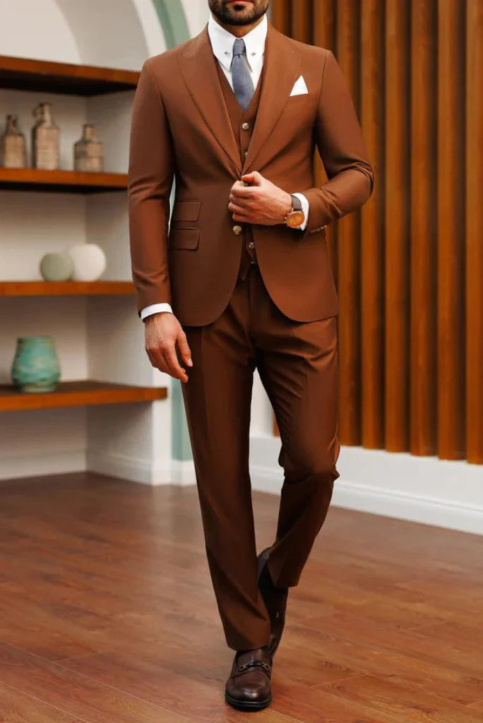 Men’s formal brown waistcoat, blazer, and pant set