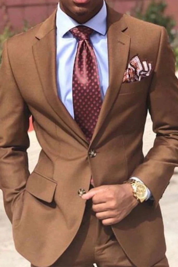 Men brown two piece notch suit-front