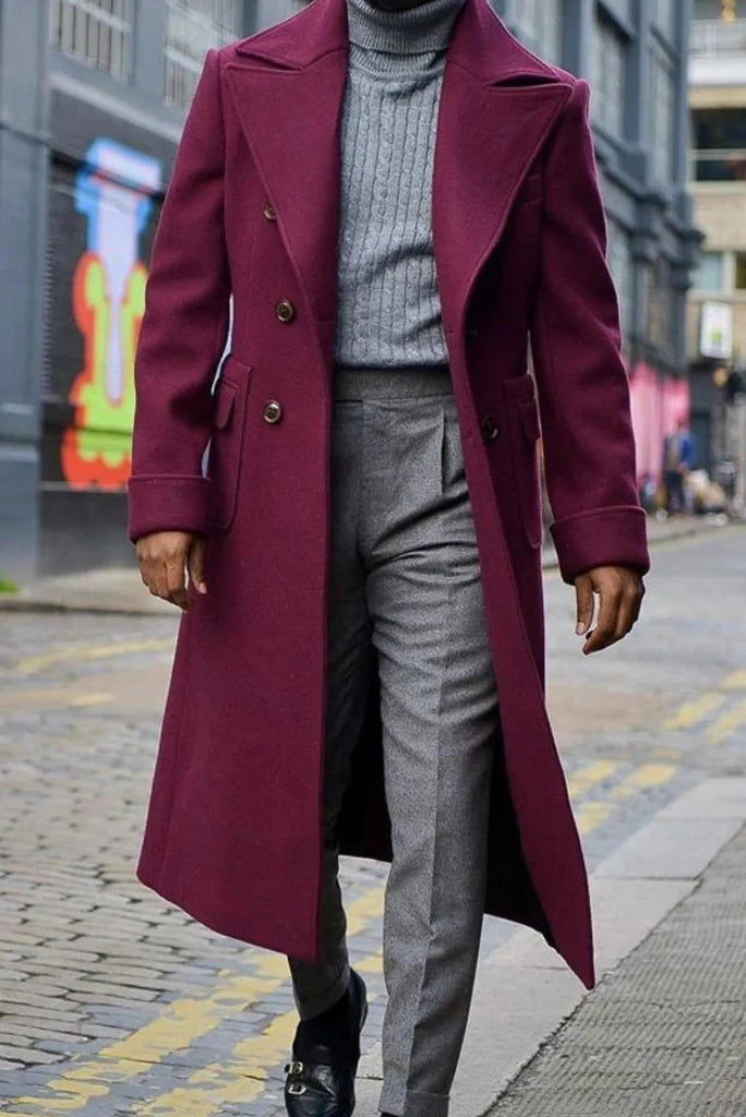 Men Burgundy Long Coat For Winters-front