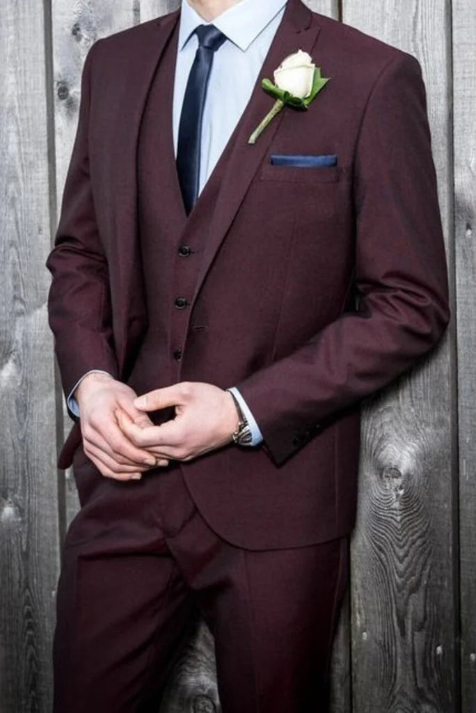 Men burgundy three piece formal suit-front
