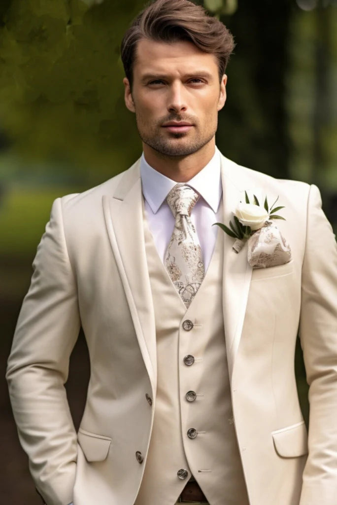 Men cream formal three piece-front