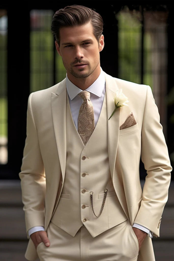 Men cream three piece formal outfit-front