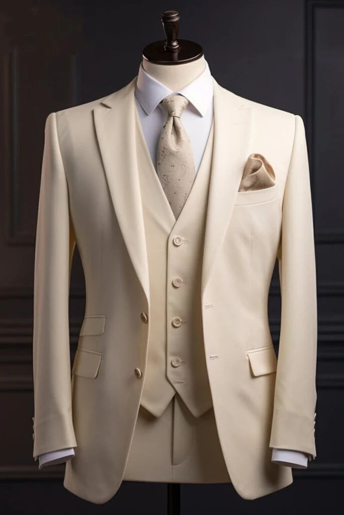 Men cream three piece formal suit-front