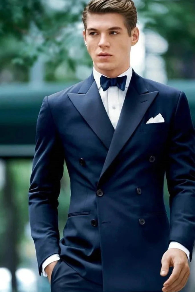 Men dark blue notch two piece suit-front