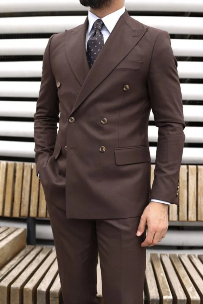 Men dark brown double breasted suit-front