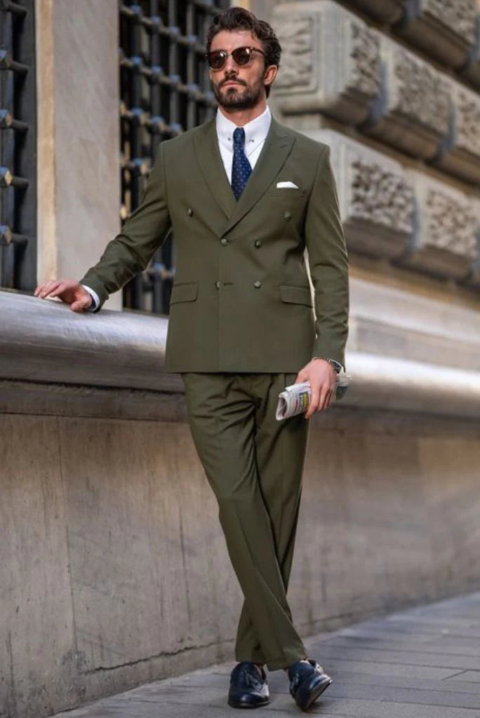 Stylish men olive green double breasted suit with blazer and trousers-front