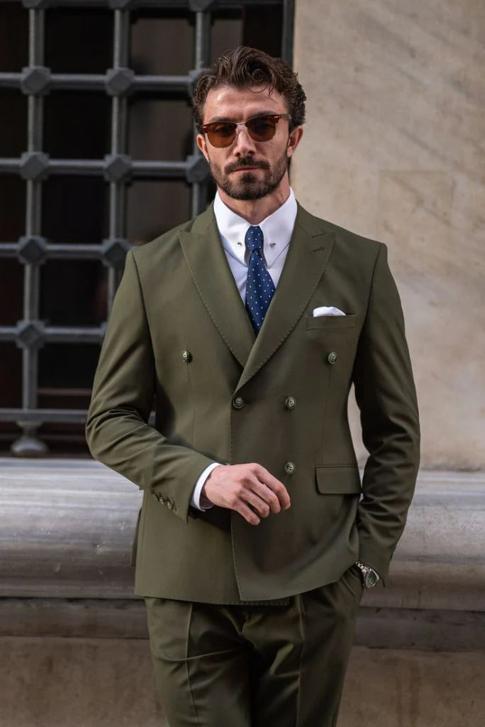 Men olive green formal double breasted 2 piece suit
