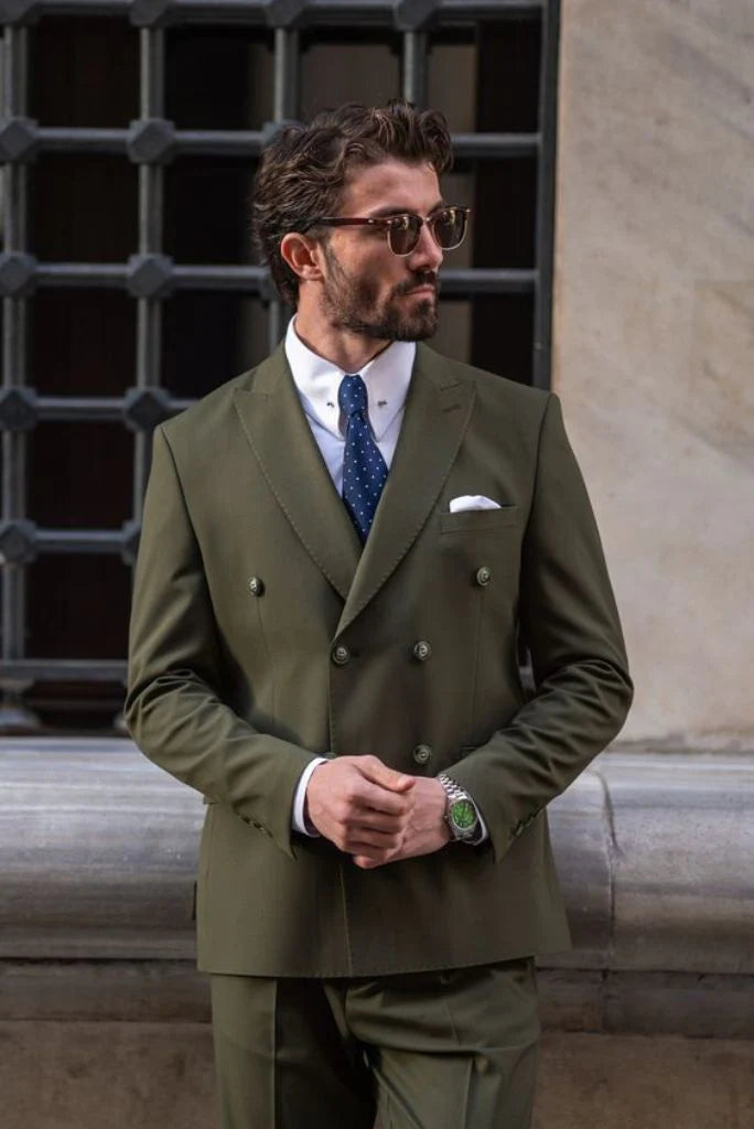 Men tailored olive green double breasted blazer and pant set