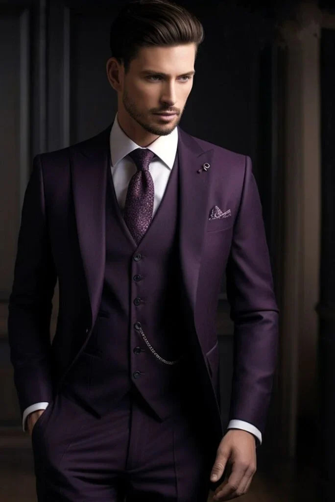 Men dark purple suit three piece-front