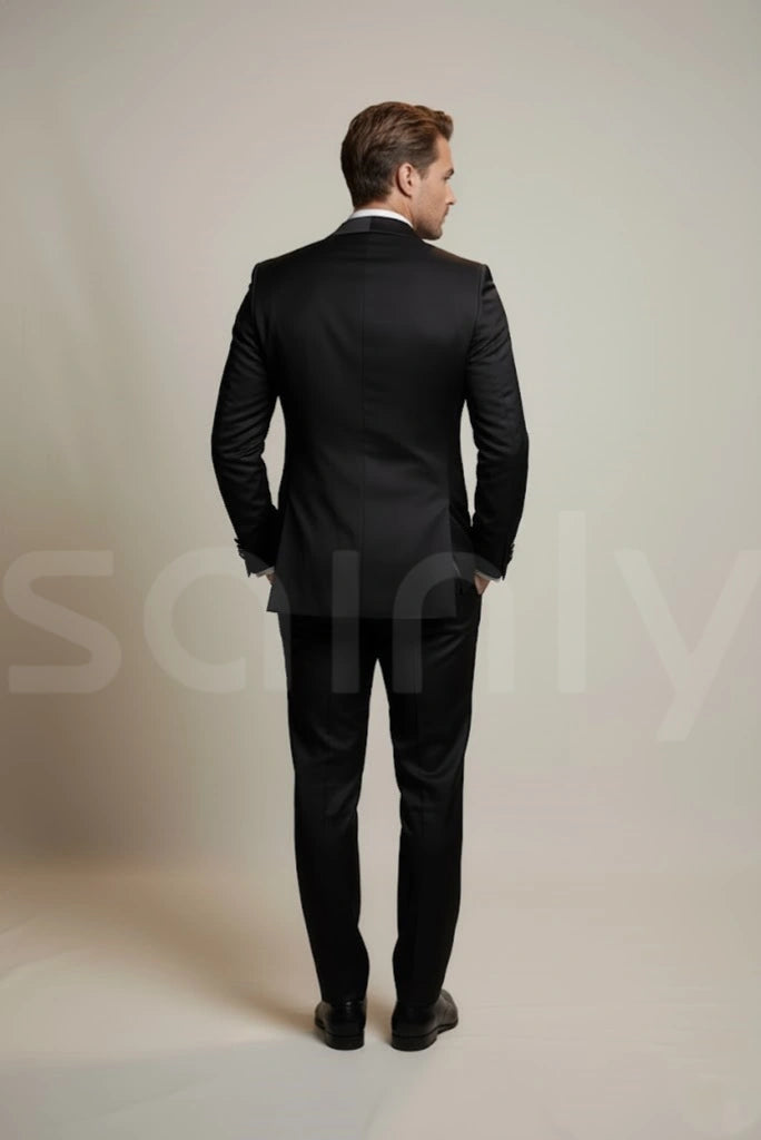 Men tailored black double breasted suit for wedding and events-back