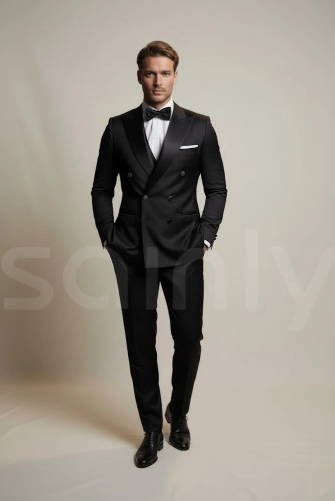 Men classic black double breasted suit for office wear