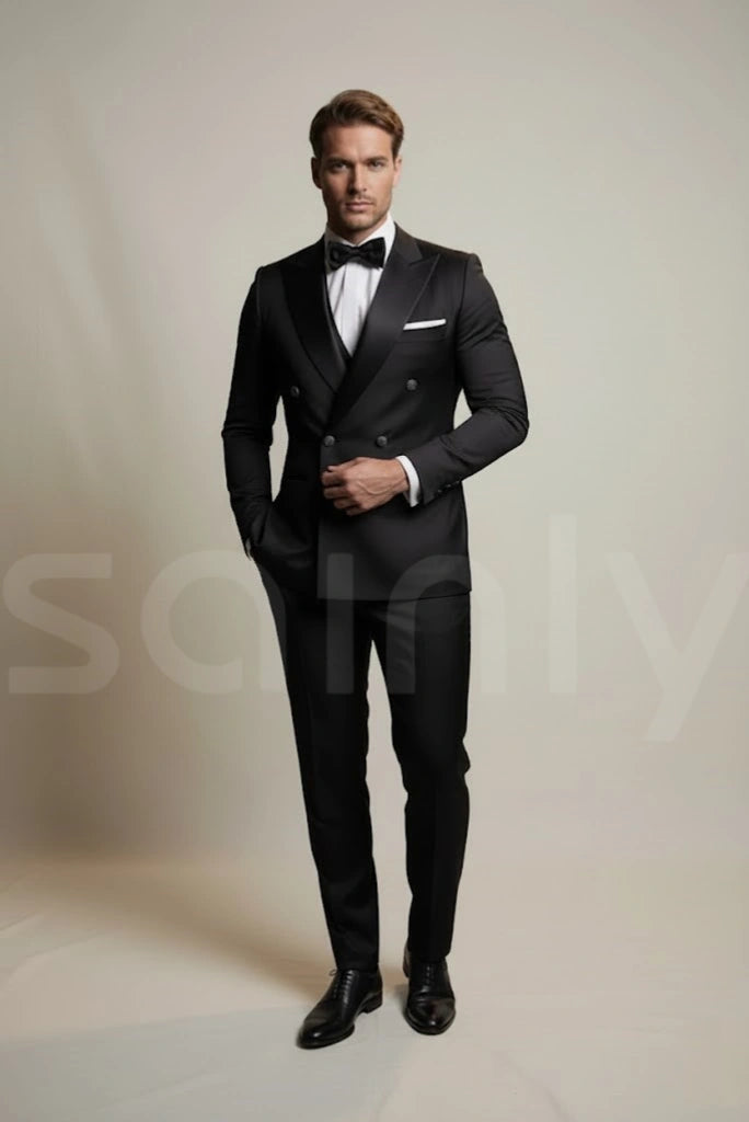 Elegant men black double breasted formal suit-front